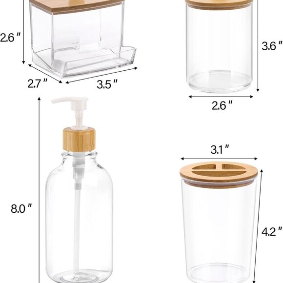 Bamboo Bathroom Accessories Set 4 Pcs - Clear Toothbrush Holder Plastic Soap Dis - Picture 3 of 8